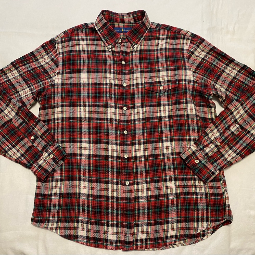 Ralph Lauren Red and Green Plaid Casual Flannel Shirt With Front Pocket Size L